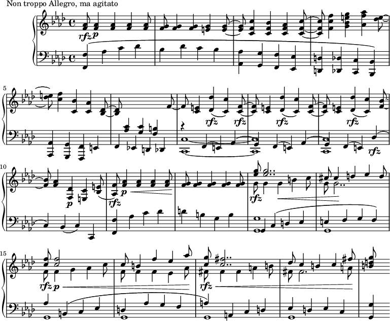 
\version "2.18.2"
\header {
 tagline = ##f
}
upper = \relative c'' {
 \clef treble 
 \key f \minor
 \time 4/4
 \tempo 2 = 84
 %\autoBeamOff

 %%Montgeroult — Étude 114 (pdf p. 220)
 < aes f >8\rfz q4\p q q q8 < g f >8 q4 q < g e >4 q8~ < g e >8 < c f, c >4 < bes f c > < aes f c > < c f, c >8~ < c f, c >8 
 < f c f, >4 < g e bes g > < aes f aes, > < e des >8~ 
 < e des >8 < f c >4 < bes, c, > < aes c, > < des, bes >8~ q
 \stemUp \change Staff = "lower" < c aes >4 < c g > < b f >
 \change Staff = "upper" f'8~ f < e c >4 < des' des, >(\rfz < c c, >) < f, c >8~\rfz q < e c >4 < des' des, >(\rfz < c c, >) < f, c >8~ q < e c >4 < des' des, >(\rfz < c c, >) < bes f >8~ q
 < aes f >4 < des, f, >\p < c e, > < e bes >8( < f aes, >)\rfz

 < aes f >4\p\< q4 q q8 < g f >8\! q4 q q q8
 << { < g' ees >8\rfz q2.. cis,8 cis4 d ees d8 | < f c >8 q2 s4 s8 c8 b4 f' ees aes8 | < g c, >8 < fis c >2.. des8 c4 b c fis8 } \\ { g,8 g4 g\< b c8 g8 g2..\! f8\rfz f4\p\< g aes c8 f, f4 f ees aes8\! fis8\rfz\< fis4 fis a b8 fis fis2. a8\! } >>
 < g' d b >8

}

lower = \relative c {
 \clef bass
 \key f \minor
 \time 4/4

 < f f, >4\( aes c des bes des c bes < aes aes, >4 < g g, > < f f, > < ees ees, > < d d, > < des des, > < c c, > < bes bes, >\)
 < aes aes, > < g g, > < f f, > e f ees! d des
 << { r4 f4( e) aes( g) f4( e) aes( g) f4( e) des'(\rfz c) } \\ { < c c, >1~ q q } >>
 bes4( c) c, < f' f, > aes4 c des d b g b 
 << { g,4 c( d ees e f g f) aes b,( c ees d aes' g f a)^\( a, c d ees d ees c } \\ { < g' g, >1 g,1 g g g g } >>
 < g' g, >4\)
}

 \header {
 piece = "Non troppo Allegro, ma agitato"
 }

\score {
 \new PianoStaff <<
 \new Staff = "upper" \upper
 \new Staff = "lower" \lower
 >>
 \layout {
 \context {
 \Score
 \remove "Metronome_mark_engraver"
 }
 }
 \midi { }
}
