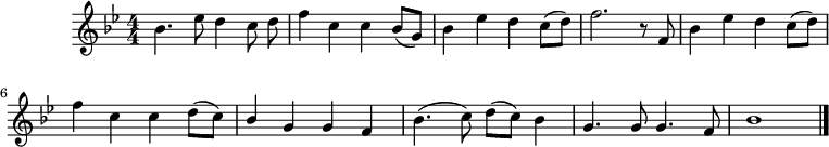 
music = {
    \language "english"
    {
        { \new PianoStaff <<
            { \new Staff <<
                \set Staff.midiInstrument = "violin"
                \relative c'' {
                    \autoBeamOff
                    \set Score.tempoHideNote = ##t \tempo 4 = 100
                    \key bf \major
                    \time 4/4 \numericTimeSignature
                    
                    \stemDown bf4. ef8 d4 c8 d |
                    f4 c c \stemUp bf8[( g)] |
                    \stemDown bf4 ef d c8[( d)] |
                    f2. r8 \stemUp f,8 |
                    \stemDown bf4 ef d c8[( d)] |
                    
                    f4 c c d8[( c)] |
                    \stemUp bf4 g g f |
                    \stemDown bf4.( c8) d[( c)] bf4 |
                    \stemUp g4. g8 g4. f8 |
                    bf1 |
                    \bar "|."
                }
            >> }
        >> }
    }
}
\header {
    tagline = "" % no footer
}
\score {
  \music
  \layout { }
}
\score {
  \unfoldRepeats {
    \music
  }
  \midi { }
}
