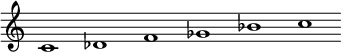 
 \relative c'  {\override Score.BarLine.stencil = ##f \override Score.TimeSignature.stencil = ##f c1 des f ges bes c}
