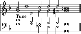 << \time 10/2 \override Score.TimeSignature #'stencil = ##f \new Staff << \key f \major \new Voice { \voiceOne \relative b' { bes2 d1 c2 d d b\breve \bar "||" } }
\new Voice { \voiceTwo \relative g' { g1 d2 g g fis g\breve } } >>
\new Staff << \clef bass \key f \major \new Voice { \voiceOne d'1^"Tune" bes2 g a a g\breve }
\new Voice { \voiceTwo g1 g2 ees d d g,\breve } >> >>