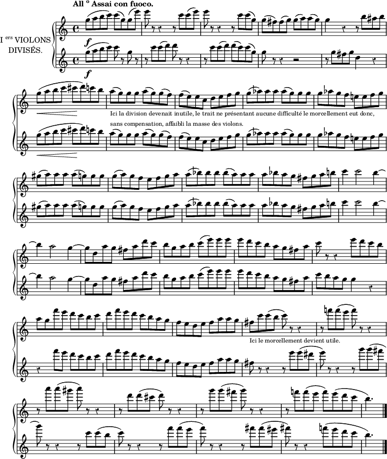 
\version "2.14.0"

\header {
  % Supprimer le pied de page par défaut
  tagline = ##f
}

\layout {
  indent = 20\mm
  \context {
    \Score
    \remove "Bar_number_engraver"
  }
}

global = {
  \key c \major
  \time 4/4
  \tempo \markup{All\super o Assai con fuoco.}
  \override Rest #'style = #'classical
}

violinI = \relative c''' {
  \global
  g8(\f a b c) c( g) g( e')
  e r8 r4 r8 c c( e)
  e r8 r4 r8 c c( g)
  g( fis) fis( g) g( a) a( g)
  g4 r r8 b ais b
  g\<( a b c cis\! d) c b
  
  a8(_\markup{\tiny\left-column{"Ici la division devenait inutile, le trait ne présentant aucune difficulté le morcellement eut donc," "sans compensation, affaibli la masse des violons."}} g) g g a( g) g( f)
  f( e) e c d e f g
  g( as) as as as( g) g g
  g as g f e! e f g
  gis( a) a a a( g) g g 
  g( a) g f e f g a
  
  a( bes) bes bes bes( a) a a
  a bes a g fis g a b
  c4 c2 b4~
  b a2 g4~
  g8 d a' g fis a d c
  b g a b c( e) e e
  
  e d c b a g fis a
  c r r4 e8 d c b
  a g f' e d c b c
  d f e d c b a g
  f e d e f a a g
  fis_\markup{\tiny "Ici le morcellement devient utile."} c' c( b c) r r4
  
  r8 f! f( e f) r r4
  r8 a a( gis a) r r4
  r8 d, d( cis d)r r4
  r8 g g( fis g) r r4
  r8 f! f( e f) e( d c
  b4.)
  \bar "|."
}

violinII = \relative c''' {
  \global
  g8(\f a b c) c r g r
  r c c( d) d r r4
  r8 c c( d) d( c) c( g)
  g r r4 r2
  r8 g fis g d4 r
  g8\<( a b c cis\! d) c b
  
  a8( g) g g a( g) g( f)
  f( e) e c d e f g
  g( as) as as as( g) g g
  g as g f e! e f g
  gis( a) a a a( g) g g 
  g( a) g f e f g a
  
  a( bes) bes bes bes( a) a a
  a bes a g fis g a b
  c4 c2 b4~
  b a2 g4~
  g8 d a' g fis a d c
  b g a b c( e) e e
    
  e d c b a g fis a
  c b a g g4r
  r f'8 e d c b c
  d f e d c b a g
  f e d e f a a g
  fis r r4 r8 e' e( dis
  
  e) r r4 r8 g g( fis
  g) r r4 r8 c, c( b
  c) r r4 r8 f f( e
  f) r r4 r8 fis fis( eis
  fis) r r4 f8( e d c
  b4.)
  \bar "|."
}

violinIPart = \new Staff \with {
  midiInstrument = "violin"
} \violinI

violinIIPart = \new Staff \with {
  midiInstrument = "violin"
} \violinII

\score {
  \new GrandStaff \with {
    \remove Span_bar_engraver
  instrumentName = \markup{\center-column{\line{I\super ers VIOLONS}\line{DIVISÉS.}}}
  } <<
    \violinIPart
    \violinIIPart
  >>
  \layout { }
  \midi {
    \context {
      \Score
      tempoWholesPerMinute = #(ly:make-moment 140 4)
    }
  }
}
