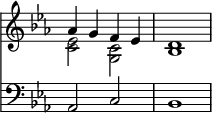 { \override Score.TimeSignature #'stencil = ##f \time 4/4 \key ees \major << \relative a' << { aes4 g f ees d1 } \\ { <ees c>2 <c g> bes1 } >>
\new Staff { \clef bass \key ees \major aes,2 c bes,1 } >> }