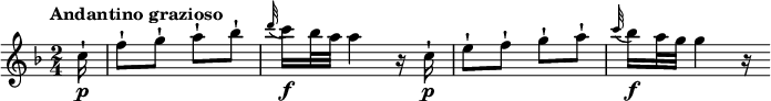 
\relative c' {
  \version "2.18.2"
  \key f \major
  \time 2/4
  \tempo "Andantino grazioso"
  \tempo 4 = 50
  \partial 4 \partial 8 \partial 16 c'16\p-! f8-! g-! a-! bes-!
  \grace d32 (c16)\f bes32 a a4 r16 c,16-!\p
  e8-! f-! g-! a-!
  \grace c32 (bes16)\f a32 g g4 r16
}
