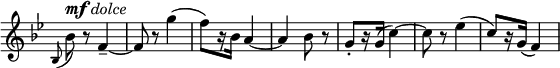 
\relative c' \new Staff \with { \remove "Time_signature_engraver" } {
 \key g \minor \time 2/4
  \grace bes8( bes')^\markup { \dynamic mf \italic dolce } r f4--~ f8 r g'4( f8)[ r16 bes,] a4~ a4 bes8 r
  g8-.[ r16 g]( c4)~ c8 r es4( c8)[ r16 g]( f4)
}
