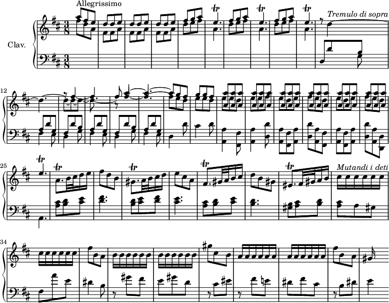 
\version "2.18.2"
\header {
  tagline = ##f
}

%% les petites notes
%trillE       = { \tag #'print { e4.\trill } \tag #'midi { \repeat unfold 3 { fis16 e } } }
%trillEarr    = { \tag #'print { e4.\trill } \tag #'midi { \repeat unfold 2 { fis16 e } fis16 \tempo 4. = 20 e \tempo 4. = 106 } }

trillE       = { \tag #'print { e4.\trill } \tag #'midi { \times 2/3 { fis16 e fis e fis16 e~ } e8 } }
trillEarr    = { \tag #'print { e4.\trill } \tag #'midi { \times 2/3 { fis16 e fis e fis e~ } fis16 \tempo 4. = 20 e \tempo 4. = 106 } }

trillA       = { \tag #'print { a8.\trill } \tag #'midi { \times 2/3 { b16 a b } \tempo 4. = 96 a   \tempo 4. = 106 } }
trillGis     = { \tag #'print { gis8.\trill } \tag #'midi { \times 2/3 { a16 gis a } gis } }
trillFis     = { \tag #'print { fis8.\trill } \tag #'midi { \times 2/3 { gis16 fis gis } fis } }
trillEis     = { \tag #'print { eis8.\trill } \tag #'midi { \times 2/3 { fis16 eis fis } eis } }

tremD        = { \tag #'print { d4~^\markup{\italic "Tremulo di sopra"} d4.~ } \tag #'midi { \repeat unfold 5 { e16 d } } } 
tremFis      = { \tag #'print { fis4~ fis4.~ } \tag #'midi { \repeat unfold 5 { g16 fis } } } 
tremA        = { \tag #'print { a'4~ a4.~ } \tag #'midi { \repeat unfold 5 { b16 a } } }

upper = \relative c'' {
  \clef treble 
  \key d \major
  \time 3/8
  \tempo 4. = 106
  \set Staff.midiInstrument = #"harpsichord"

  << { a'8^"Allegrissimo" fis e  \repeat unfold 3 { d d e } \repeat unfold 2 { fis g a \trillE } fis g a \trillE  \tempo 4. = 100 } \\ { fis8 d a \repeat unfold 3 { fis fis a } \repeat unfold 3 { d8 e fis a,4. } } >>
  << { s4.*4 a8\rest \tremA a8 g fis  g g fis } \\ { s4.*2 g8\rest \stemUp \tremFis fis8 fis4~ fis4.^~ \stemDown fis8 e d  e e d } \\ { r8 \stemDown \tremD d_~ d_~ d_~ d } >>
  % ms. 9
  << { \repeat unfold 18 { < a a' >8 } \relative c'' \trillEarr } \\ { \stemDown e'8 e d e e fis \repeat unfold 2 { e8 d e fis e d } } >>
  % ms. 26
  \trillA b32 cis d16 e | fis8 d b | \trillGis a32 b cis16 d | e8 cis a | \trillFis gis32 a b16 cis | d8 b gis | \trillEis fis32 gis a16 b | 
  % ms. 33
  \tempo 4. = 92 cis16^\markup{\italic "Mutandi i deti"} \repeat unfold 11 { cis16 } fis8 b, a | \repeat unfold 12 { b16 } | gis'8 cis, b |
  \repeat unfold 12 { a16 } | fis'8 b, a | gis16

}

lower = \relative c {
  \clef bass
  \key d \major
  \time 3/8
  \set Staff.midiInstrument = #"harpsichord"

    % **************************************
   s4.*10 << { d8 \repeat unfold 2 { d' b a d g, fis } d' b a d g, } \\ { s4 \repeat unfold 3 { g8 fis4 e8 d4 } d'8 cis4 d8 < a, a' >4 < fis fis' >8 < a a' >4 < d d' >8 | < a a' >8 < fis fis' > < a a' > < d d' > < a a' > < fis fis' > < a a' >8 < fis fis' > < a a' > < d d' >8 < a a' > < d, d' > a'4. } >>

    % ms. 26
    < a' cis >8 < b d > < cis e > | < d fis >4. | < b d >8 < cis e > < d fis > | < cis e >4. | < a cis >8 < b d > < cis e > | < b d >4. | < gis b >8 < a cis > < b d > | < a cis > a gis | fis a' e | dis4 b8 | 
    % ms. 36
    r8 gis'8 fis  | e gis d | r8 cis8 eis | r8 fis8 e! | dis8 |fis cis | r8 b dis | e4
} 

thePianoStaff = \new PianoStaff <<
    \set PianoStaff.instrumentName = #"Clav."
    \new Staff = "upper" \upper
    \new Staff = "lower" \lower
  >>

\score {
  \keepWithTag #'print \thePianoStaff
  \layout {
      #(layout-set-staff-size 17)
    \context {
      \Score
     \override SpacingSpanner.common-shortest-duration = #(ly:make-moment 1/2)
      \remove "Metronome_mark_engraver"
    }
  }
}

\score {
  \keepWithTag #'midi \thePianoStaff
  \midi { }
}
