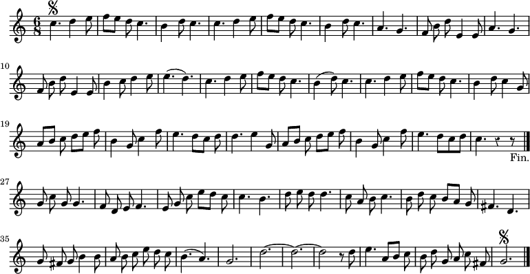 
\relative c'' {
  \override Rest #'style = #'classical
  \time 6/8
  \set Timing.beatStructure = #'(2 1 2 1) %réglage ligatures
  c4.\segno d4 e8
  f e d c4.
  b4 d8 c4.
  c d4 e8
  f e d c4.
  b4 d8 c4.
  a g
  \autoBeamOff
  f8 b d e,4 e8

  a4. g
  f8 b d e,4 e8
  b'4 c8 d4 e8
  e4.( d)
  c d4 e8
  \autoBeamOn
  f e d c4.
  b4( d8) c4.
  c d4 e8
  f e d c4.

  b4 d8 c4 g8
  a b c d e f
  b,4 g8 c4 f8
  e4. d8 c d
  d4. e4 g,8
  a b c d e f
  b,4 g8 c4 f8
  e4. d8[ c d]
  c4. r4 r8_"Fin." \bar "|."

  \autoBeamOff
  g c g g4.
  f8 d e f4.
  e8 g c e[ d] c
  c4. b
  d8 e d d4.
  c8 a b c4.
  b8 d c b[ a] g
  fis4. d

  g8 fis g b4 b8
  a b c e d c
  b4.( a)
  g2.
  d'2.~
  d2.~
  d2 r8 d
  e4. a,8[ b] c
  b d g, a c fis,
  g2.\segno
  \bar "|."
}
