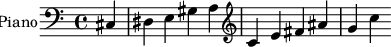  \relative c { \clef bass \set Staff.instrumentName = #"Piano" \partial 4*1 cis dis e gis a \clef treble c e fis ais g c } 