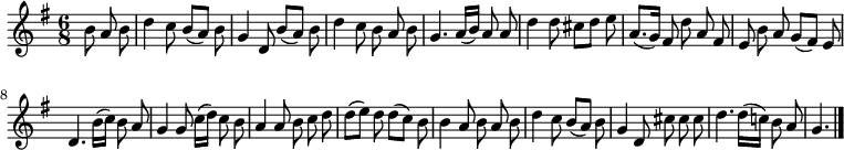 
\relative c'' {
  \key g \major
  \time 6/8
  \partial 4.
  \autoBeamOff
  b8 a b
  d4 c8 b[( a]) b
  g4 d8 b'[( a]) b
  d4 c8 b a b
  g4. a16[( b]) a8 a
  d4 d8 cis[ d] e
  a,8.[( g16]) fis8 d' a fis
  e b' a g[( fis]) e

  d4. b'16[( c]) b8 a
  g4 g8 c16[( d]) c8 b
  a4 a8 b c d
  d[( e]) d d[( c]) b
  b4 a8 b a b
  d4 c8 b[( a]) b
  g4 d8 cis' cis cis
  d4. d16[( c!]) b8 a
  g4.
  \bar "|."
}
