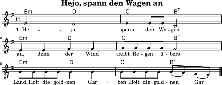 
\version "2.20.0"
\header {
 title = "Hejo, spann den Wagen an"
 % subtitle = "MeinSubtitle"
 % poet = "myPoet"
 % composer = "myCpmposer"
 % arranger = "arr: ccbysa: Wikibooks (mjchael)"
}

myKey = {
  \clef "treble"
  \time 4/4
  \tempo 4 = 100
  %% hide tempo
  \set Score.tempoHideNote = ##t
  \key e\minor
}

%% cords
%% western-beat 
%% 1 . 2 + 3 . 4 +
myEm  = \chordmode { e,4:m e8:m e8:m }
myD = \chordmode { d,4 d8 8 }
myC = \chordmode { c,4 c8 8 }
myBsept = \chordmode { b,,4:7 b,8:7 b,8:7 }
myChords = \chordmode {
  \set Staff.midiInstrument = #"acoustic guitar (nylon)"
  %% Notate chords only when changing
  \set chordChanges = ##t
  % \partial 4 s4
  \myEm \myD \myC \myBsept
  \myEm \myD \myC \myBsept 
  \myEm \myD \myC \myBsept
}

myMelody = \relative c'' {
  \myKey
  \set Staff.midiInstrument = #"trombone"
  \relative c'{ 
    e2 d | e4 8 8 b2 | \break
    e4 4 fis4 4 | g8 8 8 8 fis2 | \break
    b8 8 8 8 4 4 | 8 8 8 8 8( a) g( fis)
    \bar "|."
  }
}

myLyrics = \lyricmode {
  \set stanza = "1."
   He -- jo, spann den Wa -- gen an,
   denn der Wind treibt Re -- gen ü -- bers Land.
   Holt die gold -- nen Gar -- ben
  Holt die gold -- nen Gar -- ben

}

\score {
  <<
    \new ChordNames { \myChords }
    \new Voice = "mySong" { \myMelody }
    \new Lyrics \lyricsto "mySong" { \myLyrics }
  % \new TabStaff { \myChords } %% Check 
  >>
  \layout { }
}

\score {
  <<
    \new ChordNames { \myChords \myChords \myChords \myEm \myD \myC \myBsept e,1} % Final tone 
    \new Voice = "mySong" { \myMelody }
 \new Voice = "mySong" { \myMelody  \myMelody \myMelody  }
 \new Voice = "mySecondSong" { r1 r1 r1 r1 r1 r1 r1 r1 \myMelody  \myMelody }
    \new Lyrics \lyricsto "mySong" { \myLyrics }
  % \new TabStaff { \myChords } %% Check 
  >>
  \midi { }
}

%% unterdrückt im raw="1"-Modus das DinA4-Format.
\paper {
  indent=0\mm
  %% DinA4 0 210mm - 10mm Rand - 20mm Lochrand = 180mm
  line-width=180\mm
  oddFooterMarkup=##f
  oddHeaderMarkup=##f
  % bookTitleMarkup=##f
  scoreTitleMarkup=##f
}
