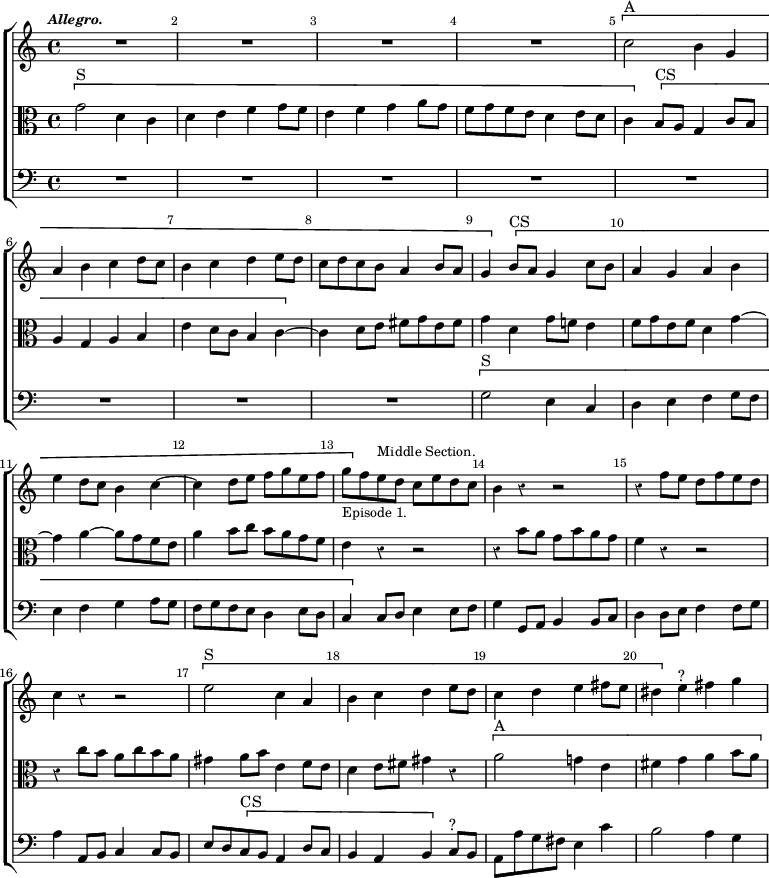 \new ChoirStaff << \override Score.Rest #'style = #'classical \override Score.BarNumber.break-visibility = ##(#f #t #t) \set Score.barNumberVisibility = #all-bar-numbers-visible
  \new Staff \relative c'' { \key c \major \time 4/4 \tempo \markup \small \italic "Allegro." \bar ""
    R1*4 \[ c2^"A" b4 g | a b c d8 c | b4 c d e8 d | c d c b a4 b8 a |
    g4 \] \[ b8^"CS" a g4 c8 b | a4 g a b | e d8 c b4 c ~ | c d8 e f g e f |
    g_\markup \small "Episode 1." \] f e^\markup \small "Middle Section." d c e d c |
    b4 r r2 | r4 f'8 e d f e d | c4 r r2 | \[ e2^"S" c4 a | b c d e8 d |
    c4 d e fis8 e dis4 \] e^"?" fis g }
  \new Staff \relative g' { \clef alto \key c \major
    \[ g2^"S" d4 c | d e f g8 f | e4 f g a8 g | f g f e d4 e8 d |
    c4 \] \[ b8^"CS" a g4 c8 b | a4 g a b | e d8 c b4 c ~ \] |
    c d8 e fis g e fis | g4 d g8 f! e4 | f8 g e f d4 g ~ | g a ~ a8 g f e |
    a4 b8 c b a g f | e4 r r2 | r4 b'8 a g b a g | f4 r r2 | r4 c'8 b a c b a |
    gis4 a8 b e,4 f8 e | d4 e8 fis gis4 r | \[ a2^"A" g!4 e | fis g a b8 a }
  \new Staff \relative g { \clef bass \key c \major
    R1*8 \[ g2^"S" e4 c | d e f g8 f | e4 f g a8 g | f g f e d4 e8 d |
    c4 \] c8 d e4 e8 f | g4 g,8 a b4 b8 c | d4 d8 e f4 f8 g | a4 a,8 b c4 c8 b |
    e d \[ c^"CS" b a4 d8 c | b4 a b \] c8^"?" b | a a' g fis e4 c' | b2 a4 g } >>