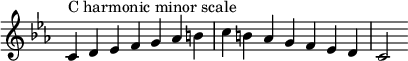  {\ override Score.TimeSignature #'stencil = ## f \ relative c' {\ clef treble \ key c \ minor \ time 7/4 c4^\ markup "C harmonic minor scale" d es fg aes bcb aes gf es d c2}}

