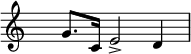 
\relative c''{
\override Staff.TimeSignature #'transparent = ##t
\time 4/4 
\clef treble
  g8. c,16 e2_> d4
}
