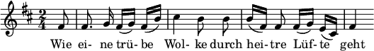 
{ \new Staff << \relative c' {\set Staff.midiInstrument = #"klarnet" \tempo 4 = 45 \set Score.tempoHideNote = ##t \key b \minor \time 2/4 \autoBeamOff \set Score .currentBarNumber = #6 \set Score.barNumberVisibility = #all-bar-numbers-visible \bar "" \partial 8 fis8 |  fis8.  g16 fis[( g)] fis[( b)] |  cis4 b8 b |  b16[( fis)] fis8 fis16[( g)] e[( cis)] |  fis4 } \addlyrics { Wie eine trü- be_ Wolke durch hei- tre Lüfte_ geht } >> }