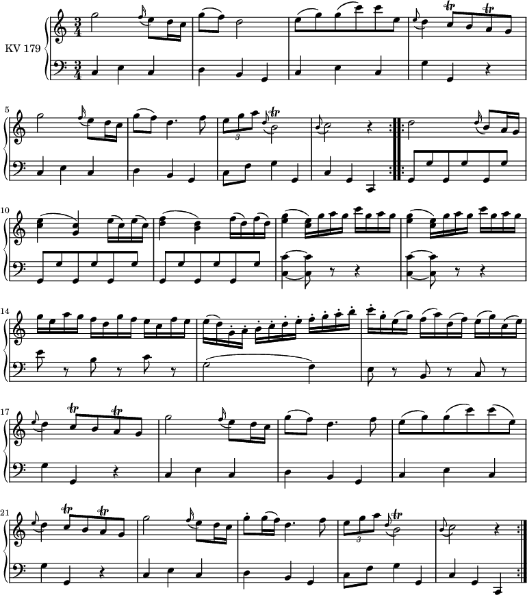 
\header {
  tagline = ##f
}
upper = \relative c'' { 
         \clef "treble"          
         \key c \major
         \time 3/4 
         \tempo 4 = 120                 
         \set Staff.midiInstrument = #"piano"

  \repeat volta 2 {g'2 \grace f16 (e8) d16 c
                   g'8 (f) d2
                   e8 (g) g (c) c e,
                  \grace e8 (d4) c8\trill b a\trill g
                   g'2  \grace f16 (e8) d16 c
                   g'8 (f) d4. f8
                    \tuplet 3/2 {e8 g a} \grace d,8 (b2)\trill
               \grace b8 (c2) r4
          }
  \repeat volta 2 { 
          d2  \grace d16 (b8) a16g
          <c e>4 (<g c>) e'16 (c) e16 (c)
          <d f>4 (<b d>) f'16 (d) f16 (d)
          <e g>4 (<c e>16) g' a g c g a g
          <e g>4 (<c e>16) g' a g c g a g
          g e a g f d g f e c f e
          e (d) g,-. a-. b-. c-. d-. e-. f-. g-. a-. b-.
          c-. g-. e (g) f (a) d, (f) e (g) c, (e)
           \grace e8 (d4) c8\trill b a\trill g
           g'2 \grace f16 (e8) d16 c
           g'8 (f) d4. f8
           e8 (g) g (c) c (e,) 
           \grace e8 (d4) c8\trill b a\trill g
          g'2  \grace f16 (e8) d16 c
          g'8-. g16 (f) d4. f8
           \tuplet 3/2 {e8 g a} \grace d,8 (b2)\trill
               \grace b8 (c2) r4
       }
}

lower = \relative c {
        \clef "bass" 
        \key c \major
        \time 3/4 
        \set Staff.midiInstrument = #"piano"
  
  \repeat volta 2 { 
    c4 e c 
    d b g
    c e c
    g' g, r4
    c4 e c 
    d b g
    c8 f g4 g,
    c g c,
  } 
  \repeat volta 2 {
     \repeat unfold 9 {g'8 g'}
     <c, c'>4 ~ <c c'>8 r8 r4
     <c c'>4 ~ <c c'>8 r8 r4
     e'8 r8 b r8 c r8
     g2 (f4)
     e8 r8 b8 r8 c r8
     g'4 g, r4
     c e c
     d b g
     c e c
     g' g, r4
     c e c
     d b g
     c8 f g4 g,
     c g c,
  }   
}

\score {
  \new PianoStaff <<
    \set PianoStaff.instrumentName = #"KV 179"
    \new Staff = "upper" \upper
    \new Staff = "lower" \lower
  >>
  \layout {
    \context {
      \Score
      \remove "Metronome_mark_engraver"
    }
  }
  \midi { }
}
