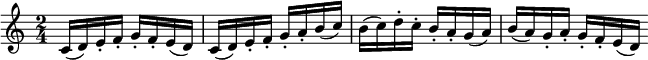 
  \relative c'{
    \time 2/4
    \set Staff.midiInstrument = #"trumpet"
    c16( d) e-. f-. g-. f-. e( d) |
    c( d) e-. f-. g-. a-. b( c) |
    b( c) d-. c-. b-. a-. g( a) |
    b( a) g-. a-. g-. f-. e( d) \bar ":|"
  }
