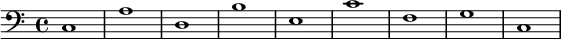 
   {\ new Staff << \ new Voice \ relative c '{\ stemDown \ clef bass \ key c \ major \ time 4/4 \ tempo 1 = 60 \ set Score.tempoHideNote = ## tc, 1 a' d, b 'e, c' f, gc,} >>}
