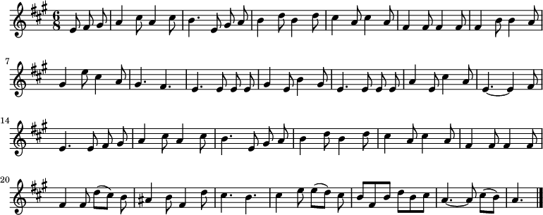 
\relative c' {
  \key a \major
  \time 6/8
  \autoBeamOff
  \partial 4.
  e8 fis gis
  a4 cis8 a4 cis8
  b4. e,8 gis a
  b4 d8 b4 d8
  cis4 a8 cis4 a8
  fis4 fis8 fis4 fis8
  fis4 b8 b4 a8

  gis4 e'8 cis4 a8
  gis4. fis
  e e8 e e
  gis4 e8 b'4 gis8
  e4. e8 e e
  a4 e8 cis'4 a8
  e4.~ e4 fis8
  e4. e8 fis gis

  a4 cis8 a4 cis8
  b4. e,8 gis a
  b4 d8 b4 d8
  cis4 a8 cis4 a8
  fis4 fis8 fis4 fis8
  fis4 fis8 d'[( cis]) b
  ais4 b8 fis4 d'8

  %tourne

  cis4. b
  cis4 e8 e[( d]) cis
  b[ fis b] d[ b cis]
  a4.~ a8 cis[( b])
  a4.
  \bar "|."
}
