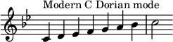  {\n\\key c \\dorian\n\\override Score.TimeSignature #'stencil = ##f\n\\relative c' {\n  \\clef treble \\time 7/4\n  c4^\\markup { Modern C Dorian mode } d es f g a bes c2\n} }\n