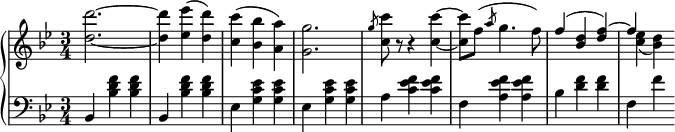 
 \relative b' {
  \new PianoStaff <<
   \new Staff { \key g \minor \time 3/4
    \set Score.tempoHideNote = ##t \tempo "" 2. = 56
   <d d'>2.~ <d d'>4 <ees ees'>( <d d'>) <c c'>( <bes bes'> <a a'>) <g g'>2. \slashedGrace g'8 <c, c'> r r4 <c c'>~ <c c'>8 f( \slashedGrace a8 g4. f8) 
<<
{f4( <bes, d> <d f>) ~ f s}
\\
{s2. <c ees>4( <bes d>)}
>>

   }
   \new Dynamics {
    
    }
   \new Staff { \key g \minor \time 3/4 \clef bass
   bes,,4 <bes' d f> <bes d f> bes,4 <bes' d f> <bes d f> ees, <g c ees> <g c ees> ees <g c ees> <g c ees> a <c ees f> <c ees f> f, <a ees' f> <a ees' f> bes <d f> <d f> f, f'
   }
  >>
 }
