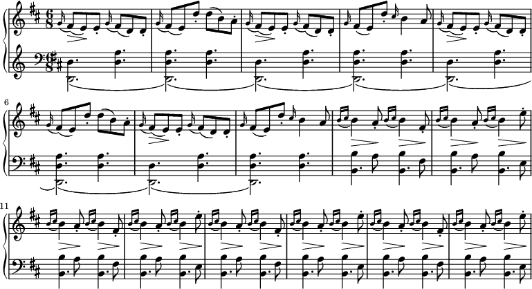 
\relative c'' { 
  \time 6/8
  \new PianoStaff <<
%  \tempo \markup{Mael} 4. = 120 %\markup{-- Croċtán: 8 n-ordlaiġ.}
    \new Staff {
      \key d \major
      \appoggiatura g16 fis8\>( e8\!) e8\staccato \appoggiatura g16 fis8( d8) d8\staccato
      \appoggiatura g16 fis8( e8) d'8\staccato d( b) a\staccato
      \appoggiatura g16 fis8\>( e8\!) e8\staccato \appoggiatura g16 fis8( d8) d8\staccato
      \grace g16 fis8( e8) d'8\staccato \grace cis16 b4 a8
      \appoggiatura g16 fis8\>( e8\!) e8\staccato \appoggiatura g16 fis8( d8) d8\staccato
      \appoggiatura g16 fis8( e8) d'8\staccato d( b) a\staccato
      \appoggiatura g16 fis8\>( e8\!) e8\staccato \appoggiatura g16 fis8( d8) d8\staccato
      \grace g16 fis8( e8) d'8\staccato \grace cis16 b4 a8
      \appoggiatura { b16 cis16} b4\> a8\!\staccato \appoggiatura { b16 cis16} b4\> fis8\!\staccato
      \appoggiatura { b16 cis16} b4\> a8\!\staccato \appoggiatura { b16 cis16} b4\> e8\!\staccato
      \appoggiatura { b16 cis16} b4\> a8\!\staccato \appoggiatura { b16 cis16} b4\> fis8\!\staccato
      \appoggiatura { b16 cis16} b4\> a8\!\staccato \appoggiatura { b16 cis16} b4\> e8\!\staccato
      \appoggiatura { b16 cis16} b4\> a8\!\staccato \appoggiatura { b16 cis16} b4\> fis8\!\staccato
      \appoggiatura { b16 cis16} b4\> a8\!\staccato \appoggiatura { b16 cis16} b4\> e8\!\staccato
      \appoggiatura { b16 cis16} b4\> a8\!\staccato \appoggiatura { b16 cis16} b4\> fis8\!\staccato
      \appoggiatura { b16 cis16} b4\> a8\!\staccato \appoggiatura { b16 cis16} b4\> e8\!\staccato
    }
    \new Staff {
      \clef "bass"
      \key d \major
      <<
        \new voice="bass" {
          \voiceTwo \slurUp \stemUp
          \relative c' {
             d,4. <d a'>4. q q d4. q q q
             d4. <d a'>4. q q d4. q q q
             b'4 a8 b4 fis8 b4 a8 b4 e,8
             b'4 a8 b4 fis8 b4 a8 b4 e,8
             b'4 a8 b4 fis8 b4 a8 b4 e,8
             b'4 a8 b4 fis8 b4 a8 b4 e,8
          }
        }
        \new voice="drone" {
          \voiceThree \slurDown \stemDown
          \relative c {
            d,2.( d2.)( d2.)( d2.)(
            d2.)( d2.)( d2.)( d2.)
            b'4. b4. b4. b4. b4. b4. b4. b4.
            b4. b4. b4. b4. b4. b4. b4. b4.
          }
        }
      >>
    }
  >>
}
