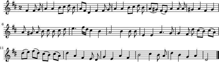 
\relative c' {
  \key d \major
  \override Staff.TimeSignature #'style = #'single-digit
  \time 2/2
  \partial 2
  \autoBeamOff
  fis4 fis8 g
  a4 a b8[ cis] d b
  a[ fis] d4 fis fis8 g
  a4 a b8[ cis] d b
  a[( gis]) fis[( e])
  a4 a8 a
  gis4 a fis gis

  a8 gis a b cis b cis d
  e4. fis16[ d] cis4 b
  a2 b4 b8 b
  e,4 e a4. g8
  g4 fis8 d' cis[( b]) cis[( a])
  d[( e]) fis[( d]) cis[( b]) cis[( a])

  d4 a fis e8 d
  g4 e a fis
  b2 cis4 b8 a
  d4 b g a
  d,2
  \bar "|."
}
