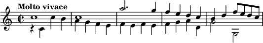 
 \relative c'' {
 \version "2.18.2"
 \key c \major 
 \tempo "Molto vivace"
 \time 2/2
 << \relative c'' {\stemUp c1 c a'2. g4 f e d c b d f8 e d c} \\ \relative c'' {\stemDown r4 c, c' b a g f e f e f e f g a d, g2 g, }>>
}
