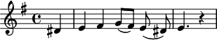 
X:1
M:4/4
L:1/4
K:G
^D | E F (G/F/) (E/^D/) | E3/2 z |
