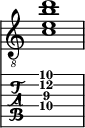  
<<
  %\override Score.BarLine.break-visibility = ##(#f #t #t)
  \time 1/1
    \new Staff  {
    \clef "treble_8"
        \once \override Staff.TimeSignature #'stencil = ##f
        <  c' e' b' d''>1
    }

     \new TabStaff {
       \override Stem #'transparent = ##t
       \override Beam #'transparent = ##t 
      <  c'\4 e'\3 b'\2 d''\1>1
  }
>>
