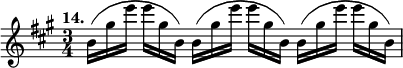 { \time 3/4 \key a \major \tempo "14." \relative b' { \override TupletBracket #'bracket-visibility = ##f \override TupletNumber #'stencil = ##f \times 2/3 { b16([ gis' e'] e[ gis, b,)] b16([ gis' e'] e[ gis, b,)] b16([ gis' e'] e[ gis, b,)] } } }