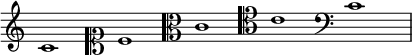  \new Staff { \override Score.SpacingSpanner.spacing-increment = #2.05 \override Staff.Clef.full-size-change = ##t \omit Staff.TimeSignature \omit Staff.BarLine \clef treble c'1 \clef soprano c'1 \clef alto c'1 \clef tenor c'1 \clef bass c'1 \undo \omit Staff.BarLine } 