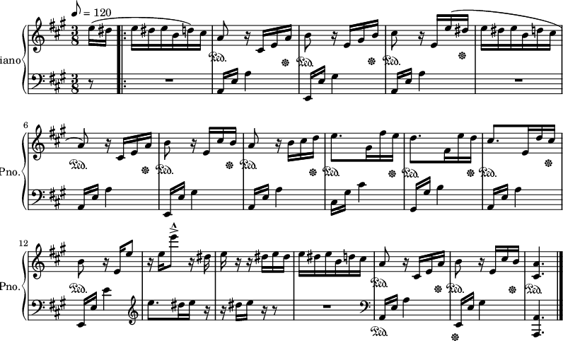 
\version "2.14.2"

% The score definition
    \new PianoStaff <<
      \set PianoStaff.instrumentName = "Piano"
      \set PianoStaff.shortInstrumentName = "Pno."
      \context Staff = "1" <<
        \context Voice = "PartPOneVoiceOne" { \relative e'' {
  \clef "treble" \key a \major \time 3/8 \partial 8 \tempo 8=120 e16 (
  dis16 \repeat volta 2 {
    | % 1
    e16 dis16 e16 b16 d16 ) cis16 | % 2
    a8 \sustainOn r16 cis,16 e16 a16 \sustainOff | % 3
    b8 \sustainOn r16 e,16 gis16 b16 \sustainOff | % 4
    cis8 \sustainOn r16 e,16 e'16 ( dis16 \sustainOff | % 5
    e16 dis16 e16 b16 d16 cis16 | % 6
    a8 \sustainOn ) r16 cis,16 e16 a16 \sustainOff | % 7
    b8 \sustainOn r16 e,16 cis'16 b16 \sustainOff | % 8
    a8 \sustainOn r16 b16 cis16 d16 \sustainOff | % 9
    e8. \sustainOn gis,16 fis'16 e16 \sustainOff | \barNumberCheck
    #10
    d8. \sustainOn fis,16 e'16 d16 \sustainOff | % 11
    cis8. \sustainOn e,16 d'16 cis16 \sustainOff | % 12
    b8 \sustainOn r16 e,16 e'8 | % 13
    r16 e16 e'8 -> ^^ r16 dis,16 | % 14
    e16 r16 r16 dis16 e16 dis16 | % 15
    e16 dis16 e16 b16 d16 cis16 | % 16
    a8 \sustainOn r16 cis,16 e16 a16 \sustainOff | % 17
    b8 \sustainOn r16 e,16 cis'16 b16 \sustainOff | % 18
    <cis, a'>4. \sustainOn \bar "|."
  }
} }
      >> \context Staff = "2" <<
        \context Voice = "PartPOneVoiceFive" { \relative a, {
  \clef "bass" \key a \major \time 3/8 \partial 8 r8 \repeat volta 2 {
    | % 1
    R4. | % 2
    a16 e'16 a4 | % 3
    e,16 e'16 gis4 | % 4
    a,16 e'16 a4 | % 5
    R4. | % 6
    a,16 e'16 a4 | % 7
    e,16 e'16 gis4 | % 8
    a,16 e'16 a4 | % 9
    cis,16 gis'16 cis4 | \barNumberCheck #10
    gis,16 gis'16 b4 | % 11
    a,16 e'16 a4 | % 12
    e,16 e'16 e'4 \clef "treble" | % 13
    e'8. dis16 e16 r16 | % 14
    r16 dis16 e16 r16 r8 | % 15
    R4. | % 16
    \clef "bass" a,,,16 \sustainOn e'16 a4 | % 17
    e,16 \sustainOff e'16 gis4 | % 18
    <a,, a'>4. \bar "|."
  }
} }
      >>
    >>
