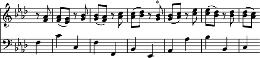 { \override Score.TimeSignature #'stencil = ##f << \new Staff { \time 2/4 \key f \minor \partial 4 \relative a' { r8 <aes f> | q( <g ees>) r <bes g> | q( <aes f>) r <c aes> | q( <des bes>) r <bes g>^"*" | q( <c aes>) r <ees c> | q( <des bes>) r <des bes> | q( <c aes>) } }
\new Staff { \clef bass \key f \minor f4 c' c f f, bes, ees, aes, aes bes bes, c } >> }