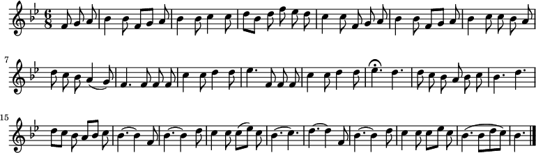 
\relative c' {
  \key bes \major
  \time 6/8
  \partial 4.
  \autoBeamOff
  f8 g a
  bes4 bes8 f[ g] a
  bes4 bes8 c4 c8
  d[ bes] d f ees d
  c4 c8 f, g a
  bes4 bes8 f[ g] a

  bes4 c8 c bes a
  d c bes a4( g8)
  f4. f8 f f
  c'4 c8 d4 d8
  ees4. f,8 f f
  c'4 c8 d4 d8
  ees4.\fermata d

  d8 c bes a bes c
  bes4. d
  d8[ c] bes a[ bes] c
  bes4.~ bes4 f8
  bes4.~ bes4 d8
  c4 c8 c[( ees]) c
  bes4.( c])

  d~ d4 f,8
  bes4.~ bes4 d8
  c4 c8 c[ ees] c
  bes4.( bes8[ d c])
  bes4.
  \bar "|."
}
