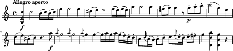 
\relative c'' {
    \version "2.18.2"
    \key c \major
    \time 4/4
    \tempo "Allegro aperto"
    \tempo 4 = 110
  <g, e' c'>4 \f c'2  b16 (c) b (c)
  f4 f2 f4
  dis8 (e) e2 f16 (e) f (e)
  a4 a2 a4
  fis8 (g) g4 r8 g-. \p a-. b-. c2 (g4) e
  e8 (f) cis (d) d4. a'8\f
  \grace a8 (g2)  \grace a8 (g2)
  \grace a8 (g4) g4 ~ g16 a g a g (f) e-. d-.
  c8 \grace d32 (c16) (b) c8-. d-. e \grace f32 (e16) (d) e8-. fis-.
  g4 <d, d' b'>4 <d b' g'> r
}
