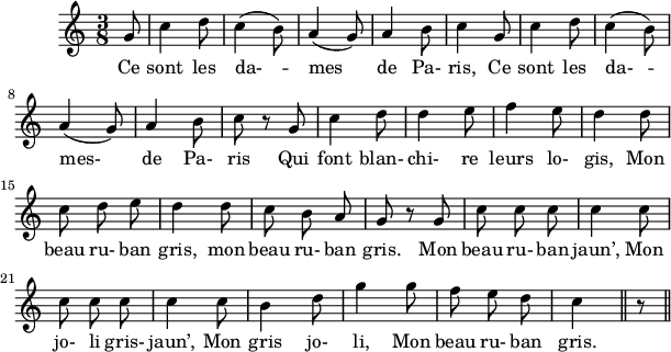 
\version "2.18.0"
\layout {
  indent = #10
  line-width = #150
  
}
 \relative c'' {
 \time 3/8
 \autoBeamOff
 \override Score.BarNumber.break-visibility = #all-invisible
 \set Score.tempoHideNote = ##t
 \tempo 4 = 110
 \set Staff.midiInstrument = #"piccolo"
\partial 8 g8 | c4 d8 | c4( b8) | a4( g8) | a4 b8 | c4 g8
c4 d8 | c4( b8) | a4( g8) | a4 b8 | c8 b\rest g | c4 d8
d4 e8 | f4 e8 | d4 d8 | c d e | d4 d8 | c b a 
g8 b\rest g | c c c | c4 c8 | c8 c c | c4 c8
b4 d8 | g4 g8 | f e d | c4
\bar "||" b8\rest \bar "||"
}
\addlyrics { Ce sont les da- -- mes de Pa- ris, Ce sont les da- -- mes- de Pa- ris Qui font blan- chi- re leurs lo- gis, Mon beau ru- ban gris, mon beau ru- ban gris. Mon beau ru- ban jaun’, Mon jo- li gris- jaun’, Mon gris jo- li, Mon beau ru- ban gris.
}
