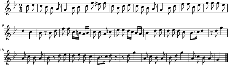 
\relative c'' {
  \key g \minor
  \time 2/4
  \partial 4
  \autoBeamOff
  d8 ees
  d c bes a
  g4 bes8 c
  d g fis g
  d bes d ees
  d c bes a

  g4 bes8 d
  f f c ees
  g g g ees
  d4 c
  bes8 r bes d
  f f c16[ b] a[ b]
  c8 c a c

  ees ees d16[ c] bes[ a]
  bes4 d8 ees
  d ees d c
  bes8.[ c16] d4
  r8 d g4
  a,8 c bes a
  bes r d ees

  d ees d c
  bes8.[ c16] d8 r
  r d g4
  a,8 c bes a
  bes d g4
  a,8 c bes a
  g4
  \bar "|."
}
