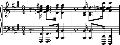 
    { \new PianoStaff << \new Staff << \relative c'' { \clef treble \key fis \moll \time 3/4 r8.  <ga-cis-eis>16 <ga-cis-eis>8.  <fis d'fis>16 <fis d'fis>4 r8.  <d fis d'>16 <d fis d'>8.  <a' c dis a'>16 <ac dis a'>4 } >> \new Staff << \new Stimme \relative c, { \clef bass \key fis \moll \time 3/4 r8.  <a a'>16 <a a'>8.  <d d'>16 <d d'>4 r8.  <d d'>16 <d d'>8.  <fis, fis'>16 <fis fis'>4 } >> >> }
