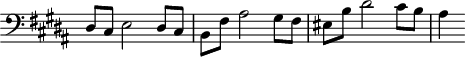 \version "2.18.2"\header {  tagline = ##f}\score {  \new Staff \with {    \remove "Time_signature_engraver"  }<<  \relative c {    \clef bass    \key b \major    \time 2/2     %% CONTRE-SUJET fugue CBT II-23, BWV 892, si majeur     dis8 cis e2 dis8 cis b fis' ais2 gis8 fis eis b' dis2 cis8 b ais4  }>>  \layout {     \context { \Score \remove "Metronome_mark_engraver"         }  }  \midi {} }