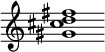 {
  % Rivin lopun pystyviiva ja tahtiosoitus piiloon.
  \override Score.BarLine.break-visibility = ##(#f #t #t)
  \override Staff.TimeSignature #'stencil = ##f
  
  <gis' cis'' d'' fis''>1
}
