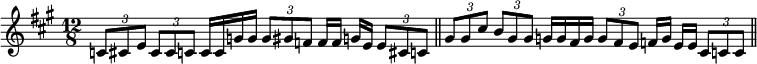 \relative c' { \time 12/8 \key a \major \override Score.BarNumber #'break-visibility = #'#(#f #f #f) \override TupletBracket #'bracket-visibility = ##f
  \tuplet 3/2 { c8[ cis e] } \tuplet 3/2 { cis[ cis c] } c16 c g' g
  \tuplet 3/2 { g8[ gis f] } f16 f g e \tuplet 3/2 { e8[ cis c] } \bar "||"
  \tuplet 3/2 { gis'8[ gis cis] } \tuplet 3/2 { b[ gis gis] }
  g16 g fis g \tuplet 3/2 { g8[ fis e] } f16 g e e
  \tuplet 3/2 { cis8[ c c] } \bar "||" }