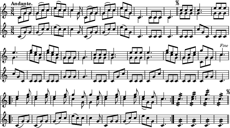 { << \new Staff << \time 3/8 \tempo "Andante." \override Score.BarNumber #'break-visibility = #'#(#f #f #f)
\new Voice \relative c' { \stemUp
  c8^( g') g | g^( c) c | e^( c) c | c4 g8 |
  c,^( g') g | g^( c) c | %end line 1
  e c g | c,4. | c8 c c | c4. \bar "||"
  \mark \markup { \tiny \musicglyph "scripts.segno" } c'8 c c c4. %2
  e8 e e e4. | g8 e c | g' e c | g g g | g4. | %end line 3
  c8 c c c4. | e8 e e e4. | g8 e c | g c e | %end line 4
  g g, g | c4.^\markup \small \italic "Fine"
  \repeat volta 2 { e4 g8 e4 g8 e4 g8 g4 e8 | %end line 5
    g4 e8 e4 g8 e4 g8 e4 e8 c4. } %end line 6
  c4.:16 e: g: c,: \bar "||" \mark \markup { \tiny \musicglyph "scripts.segno" } }
\new Voice \relative c' { \stemDown
  c8 g' g | g c c | e c c | c4 g8 | c, g' g | g c c | %end line 1
  e c g | c,4. | c8 c c | c4. | g'8 g g | g4. | %end line 2
  g8 g g | g4. | e'8 c g | e' c g | g g g | g4. | %end line 3
  g8 g g | g4. | g8 g g | g4. | e'8 c g | g g c | %end line 4
  c, g' g | c4. | c4 e8 c4 e8 c4 e8 | c4 g8 | %end line 5
  g4 c8 | c4 e8 | c4 e8 | c_( g) g | c4. | %end line 6
  c4.:16 c: c: c: } >>
\new Staff \relative c' {
  c8( g') g | g( c) c | e( c) c | c4 g8 | c,( g') g | g( c) c |%eol1
  e( c) g | c,4. | c8 c c | c4. | c8 c c | c' g c, | %end line 2
  c c c | c' g c, | c c c | c c c | g' g g | g4. | %end line 3
  c,8 c c | c g' c | c, c c | c g' c | c, c c | c c c | %eol 4
  c g' g | c,4. | c8( g') g | c,( g') g | g( c) c | e( c) c | %eol5
  c4 g8 | c, g' g | g( c) c | e c g | c,4. | %eol6
  c4.:16 c: c: c: } >> }