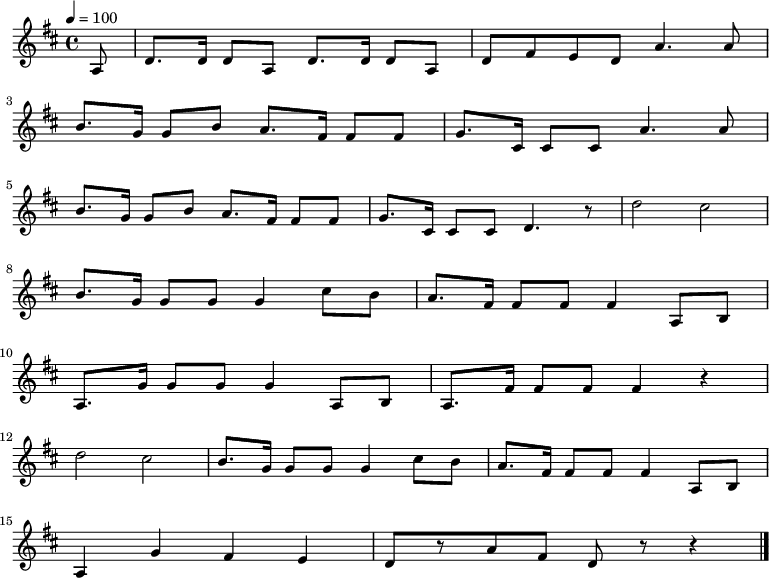 
\relative {
 \set Staff.midiInstrument = #"piano"
	\key d \major
	\time 4/4
	\tempo 4 = 100
 \partial 8
 \new Voice \relative c' {
	a8 d8. d16 d8 a8 d8. d16 d8 a8 d8 fis8 e8 d8 a'4. a8 \bar "|" \break
 b8. g16 g8 b8 a8. fis16 fis8 fis8 g8. cis,16 cis8 cis8 a'4. a8 \bar "|" \break
 b8. g16 g8 b8 a8. fis16 fis8 fis8 g8. cis,16 cis8 cis8 d4. r8 d'2 cis2 \bar "|" \break
 b8. g16 g8 g8 g4 cis8 b8 a8. fis16 fis8 fis8 fis4 a,8 b8 \bar "|" \break
 a8. g'16 g8 g8 g4 a,8 b8 a8. fis'16 fis8 fis8 fis4 r4 \bar "|" \break
 d'2 cis2 b8. g16 g8 g8 g4 cis8 b8 a8. fis16 fis8 fis8 fis4 a,8 b8 \bar "|" \break
 a4 g'4 fis4 e4 d8[ r8 a'8 fis8] d8 r8 r4 \bar "|."
 }
}
