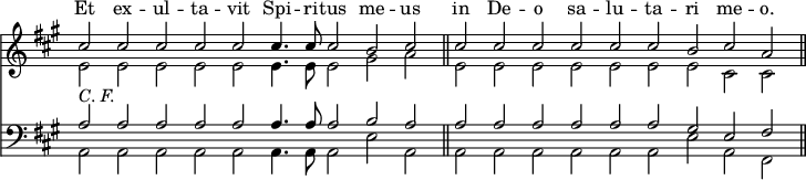 << \new Staff = "staff" <<
 \new Voice = "melody" \relative c'' { \key a \major \stemUp \omit Score.TimeSignature \cadenzaOn
   cis2 cis cis cis cis cis4. cis8 cis2 b cis \bar "||"
   cis2 cis cis cis cis cis b cis a \bar "||" }
 \new Voice \relative e' { \stemDown \cadenzaOn
   e2 e e e e e4. e8 e2 gis a 
   e2 e e e e e e cis cis } 
 \new Lyrics \with { alignAboveContext = "staff" }
  { \lyricsto "melody" { 
    Et ex -- ul -- ta -- vit Spi -- ri -- tus me -- us
    in De -- o sa -- lu -- ta -- ri me -- o. } } >>
\new Staff <<
 \new Voice \relative a { \clef bass \key a \major \stemUp \cadenzaOn
   a2^\markup \italic "C. F." a a a a a4. a8 a2 b a
   a2 a a a a a gis e fis }
 \new Voice \relative a, { \stemDown \cadenzaOn
   a2 a a a a a4. a8 a2 e' a,
   a2 a a a a a e' a, fis } >> >>