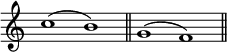 
\relative c'' {
  \override Staff.TimeSignature #'stencil = ##f
  \cadenzaOn
  c1^( b) \bar "||" g^( f)\bar "||"
  \bar "||"
}
