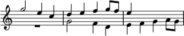 \relative g'' { \key c \major \time 2/2 \override Score.TimeSignature #'stencil = ##f << { g2 e4 c | d e f g8 f | e4 } \\ { R1 g,2 f4 d | e f g a8 g } >> }