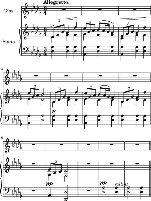 
sVarC = {  }

sVarCp = { \stemDown <des aes'>4 <des aes'> <des aes'> | <aes aes'> <des aes'> <des aes'> | <aes aes'> <des aes'> <des aes'> | <aes aes'> <des aes'>2 | <des aes'>4^\p <des aes'> <des aes'> | <aes aes'> <des aes'> <des aes'> | <des aes'> <des aes'> <des aes'> | R2. | \stemUp aes4^\pp <des, des'>2 | R2. | \stemDown <des' aes'>2^\pp <des aes'>4^\markup { \small \italic "rallent." } | <des aes'>2 <des aes'>4 }

sVarA = { R2.*12 \bar "||" }

lVarB = \lyricmode {  }

sVarB = { \override TupletBracket #'direction = #UP << { \voiceOne \tuplet 3/2 { des8->[f bes] } aes4^\< f'4\! | \tuplet 3/2 { es8[bes c] } des8([c16 bes] aes4) | \tuplet 3/2 { es8^\<[ges bes] } aes4 f'\! | \tuplet 3/2 { es8[bes c] } des2 | \tuplet 3/2 { des,8[f bes] } aes4 f' | \tuplet 3/2 { es8[bes c] } des8([c16 bes]) aes4 | \tuplet 3/2 { des,8[f bes] } aes4 f' } \new Voice { \voiceTwo des,4 f f | ges f f | c f f | ges f2 | des4 f f | ges f f | des f f } >> \oneVoice | R2. | << { \voiceOne \tuplet 3/2 { es8[bes c] } des2 } \new Voice { \voiceTwo ges,4 f2 } >> | \oneVoice R2.*3 }

lVarA = \lyricmode {  }

sVarCk = {  }

\paper { #(set-paper-size "a4")
 oddHeaderMarkup = "" evenHeaderMarkup = "" }
\header { tagline = ##f }
\version "2.18.2"
\score {
\midi {  }
\layout { line-width = #120
}
<<
  \new Staff \with { instrumentName = #"Głos." } { \clef "violin" \key des \major \time 3/4 \tempo \markup { \bold "Allegretto." } \autoBeamOff \relative c' { \sVarA } }
  \addlyrics { \lVarA }
  \addlyrics { \lVarB }
  \new PianoStaff \with { instrumentName = #"Piano." } <<
    \new Staff = "up" { \clef "violin" \key des \major \time 3/4 \relative d' { \sVarB } }
    \new Staff = "down" { \clef "bass" \key des \major \time 3/4 \relative e { \sVarCp \repeat volta 2 { \sVarC } \sVarCk } }
  >>
>> }