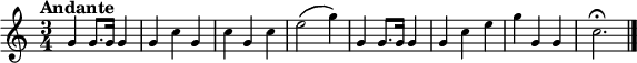 
\version "2.18.2"
\language "italiano"
melody = \relative do'' {
  \tempo \markup \fontsize #0  { "Andante" } 
  \clef treble
  \key do \major
  \time 3/4
  \override Rest #'style = #'classical
  sol4 sol8. sol16 sol4 | sol do sol | do sol do | mi2\( sol4\) | sol,4 sol8. sol16 sol4 | sol4 do mi | sol sol, sol | do2.\fermata \bar "|."
}
\score {
  <<
    \new Staff \with {
    midiInstrument = "trumpet"
    } 
    {  \melody }
  >>
  \layout {
    \context { \Staff \RemoveEmptyStaves }
    indent = 0.5\cm
    \override Rest #'style = #'classical
    \override Score.BarNumber #'stencil = ##f
    \set fontSize = #-2
  }
  \midi {
      \context {
      \Score
      tempoWholesPerMinute = #(ly:make-moment 120 4)
    }
  }
}
\header { tagline = ##f}
