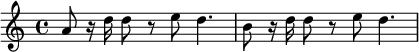 {\ set Staff.midiInstrument = #"trompet" a'8 r16 d''16 d''8 r8 e''8 d''4.  b'8 r16 d''16 d''8 r8 e''8 d''4.}