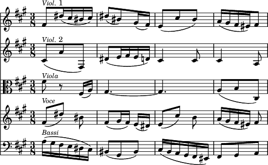 {  \override Score.Rest #'style = #'classical
   \key a \major \time 3/8 
  << \clef treble
     { fis'8^\markup { \small \italic Viol. 1 } dis''16( cis'' bis' cis'') |
       dis''8( bis') gis'16( fis') |
       e'8( cis'' b') | a'16( gis' fis' eis') fis'8 | } 
   \new Staff 
      { \clef treble \key a \major
       { cis'8(^\markup { \small \italic Viol. 2 } a' fis) |
         dis'8( e'16 fis' e' d') |
         cis'4 cis'8 | cis'4 a8 } }
   \new Staff
      { \clef alto \key a \major
       { fis'8^\markup { \small \italic Viola } r fis16( a) |
         gis4. ~ | gis | a8( b cis) } }
   \new Staff 
      { \new Voice = "voce" \clef treble \key a \major
        { fis'8([^\markup { \small \italic Voce } dis'')] bis' |
          fis'([ gis'16 fis')] e'( dis') | e'8([ cis'')] b' | 
          a'16([ gis' fis' eis')] fis'8 } } 
  \new Lyrics \lyricsto "voce" { dir ge -- bäh -- ren treu -- er Je -- su }
  \new Staff 
      { \clef bass \key a \major
       { a16(^\markup { \small \italic Bassi } gis fis e dis cis) |
         bis,8( gis, bis,) |
         cis16( b, a, gis, fis, eis,) | fis,8 gis, a, } }
  >> 
}