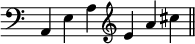 { \override Score.TimeSignature #'stencil = ##f \time 6/4 { \clef bass a, e a \clef treble e' a' cis'' \bar "||" } }